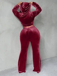 Veslaya Plus Zip Up Drawstring Hooded Cord Jacket & Flare Leg Pants, Winter - Burgundy - View 2