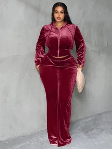 Veslaya Plus Zip Up Drawstring Hooded Cord Jacket & Flare Leg Pants, Winter - Burgundy - View 5
