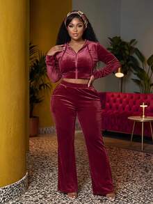 Veslaya Plus Zip Up Drawstring Hooded Cord Jacket & Flare Leg Pants, Winter - Burgundy - View 1