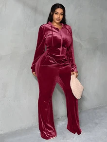 Veslaya Plus Zip Up Drawstring Hooded Cord Jacket & Flare Leg Pants, Winter - Burgundy - View 3