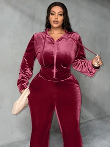 Veslaya Plus Zip Up Drawstring Hooded Cord Jacket & Flare Leg Pants, Winter - Burgundy - View 4