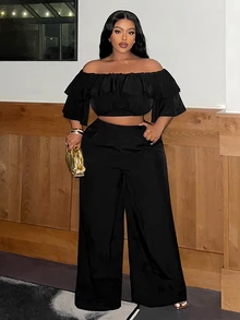 Veslaya Casual Basic Off-Shoulder Ruffle Wide Leg Jumpsuit Plus Size For Women,Holiday Outfits - Black - View 4