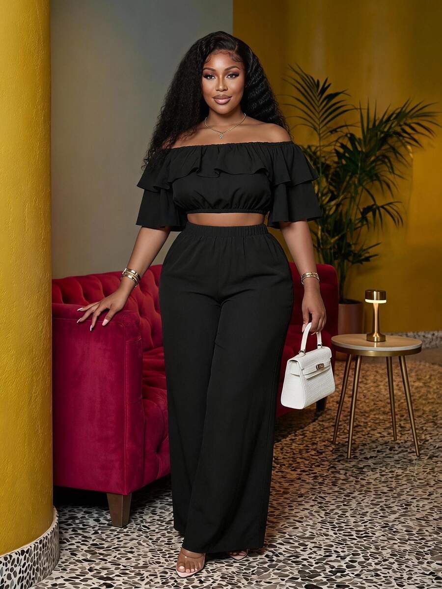 Veslaya Casual Basic Off-Shoulder Ruffle Wide Leg Jumpsuit Plus Size For Women,Holiday Outfits - Black - View 1