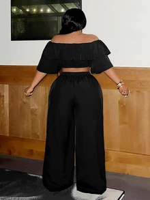 Veslaya Casual Basic Off-Shoulder Ruffle Wide Leg Jumpsuit Plus Size For Women,Holiday Outfits - Black - View 2