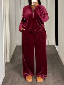 Veslaya 大尺碼女款 2 件套酒紅色秋季休閒寬鬆曲線居家服 絲絨落肩套頭連帽衫 寬腿口袋長褲 正式風 - 酒紅色 - 查看 5