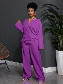 Veslaya 大码女式西式休闲纯色V领长袖上衣和裤子两件套 紫色 - 紫色 - 查看 6