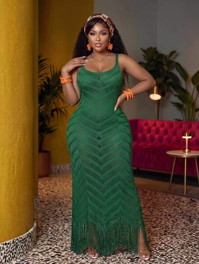 Slaydiva Plus Size Summer Sleeveless Hollow Out Sheer Dress Maxi Dress Women's Dress Fringe Dress Wow Dress Green Dress