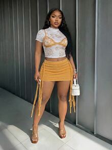 Veslaya 2026 Spring/Summer New Casual Elegant Sexy Street Style Slim Fit Mesh White Ruffled Short-Sleeve Top Skirt Brunch Going Out Formal - Yellow - View 6