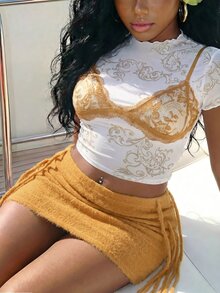 Veslaya 2026 Spring/Summer New Casual Elegant Sexy Street Style Slim Fit Mesh White Ruffled Short-Sleeve Top Skirt Brunch Going Out Formal - Yellow - View 7