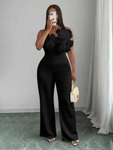 Veslaya Women Elegant Black Jumpsuit Summer Formal Evening Cocktail Night Dates One Piece Tied Shoulder Floral Decor Ruffles Dressy Jumpsuits Homecoming - Black - View 4
