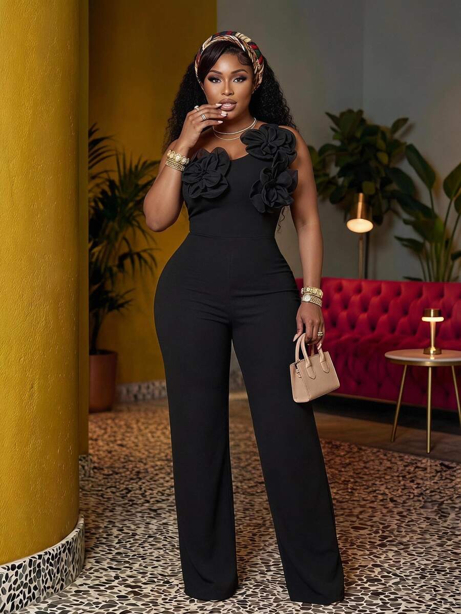 Veslaya Women Elegant Black Jumpsuit Summer Formal Evening Cocktail Night Dates One Piece Tied Shoulder Floral Decor Ruffles Dressy Jumpsuits Homecoming - Black - View 1