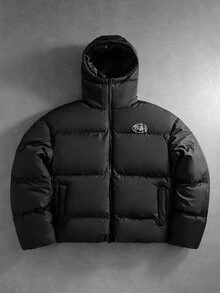 PAVTROS Men's Winter Hooded Padded Coat With Zipper And Pockets, New Year's Day - Black - View 3