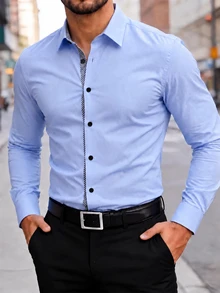 Manfinity Mode 男士成熟休閒淺色拼接長袖襯衫，正式風，老錢風 - 藍色 - 查看 5