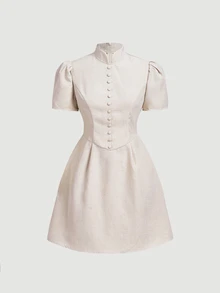 SHEIN MOD Vintage Inspired  Linen Dress With Puffed Sleeves And Button Detail For Summer,French Style Dress,Evening Dress, Chinese Style Dress - Khaki - View 4