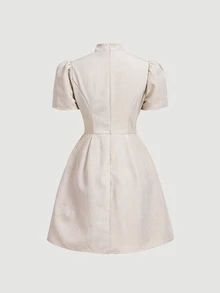 SHEIN MOD Vintage Inspired  Linen Dress With Puffed Sleeves And Button Detail For Summer,French Style Dress,Evening Dress, Chinese Style Dress - Khaki - View 5