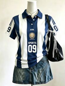Lalippa 運動風藍白條紋數位印花女款翻領 Polo T恤，露肩短袖運動衫，休閒日常好友禮物 - 彩色 - 查看 1