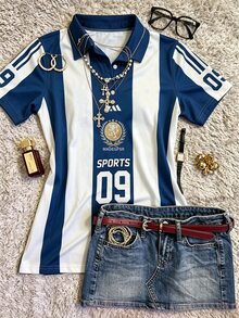 Lalippa 運動風藍白條紋數位印花女款翻領 Polo T恤，露肩短袖運動衫，休閒日常好友禮物 - 彩色 - 查看 2
