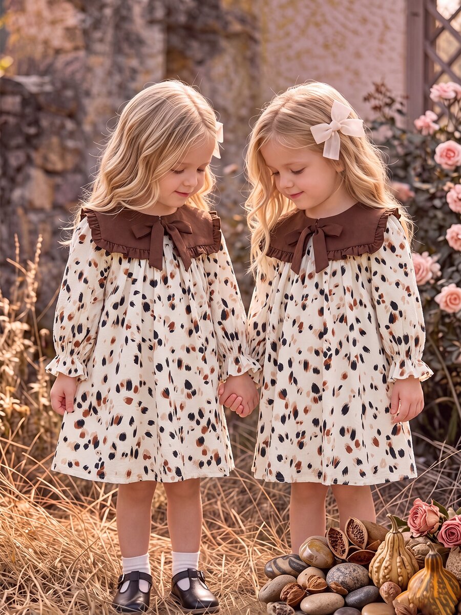 SHEIN Baby Girl Bowknot Decor Printed Colorblock Dress - Apricot - View 1
