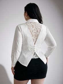 Vibekara Plus Size Commuter Elegant Sexy Minimalist White Shirt With Backless Contrast Lace Long Sleeve Cinched Waist Frog Buttons Asymmetrical Hem Fall Office - White - View 6