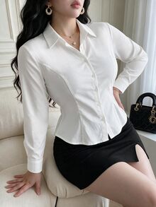 Vibekara Plus Size Commuter Elegant Sexy Minimalist White Shirt With Backless Contrast Lace Long Sleeve Cinched Waist Frog Buttons Asymmetrical Hem Fall Office - White - View 2