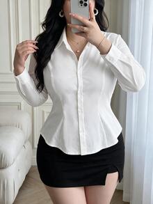 Vibekara Plus Size Commuter Elegant Sexy Minimalist White Shirt With Backless Contrast Lace Long Sleeve Cinched Waist Frog Buttons Asymmetrical Hem Fall Office - White - View 5