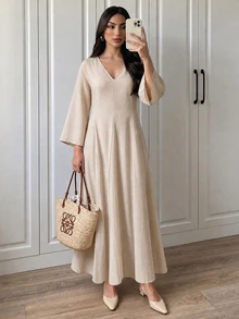SHEIN Clasi 素色V領A字洋裝 米色 秋季 度假風 極簡優雅 - 米色 - 查看 4