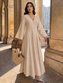 SHEIN Clasi 素色V領A字洋裝 米色 秋季 度假風 極簡優雅 - 米色 - 查看 5