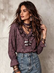 SHEIN Paisley Bohemian Elegant Commute & Date Long Sleeve Blouse For Women - Multicolor - View 4