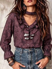 SHEIN Paisley Bohemian Elegant Commute & Date Long Sleeve Blouse For Women - Multicolor - View 5