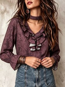 SHEIN Paisley Bohemian Elegant Commute & Date Long Sleeve Blouse For Women - Multicolor - View 6