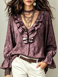 SHEIN Paisley Bohemian Elegant Commute & Date Long Sleeve Blouse For Women - Multicolor - View 1
