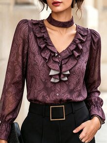 SHEIN Paisley Bohemian Elegant Commute & Date Long Sleeve Blouse For Women - Multicolor - View 7