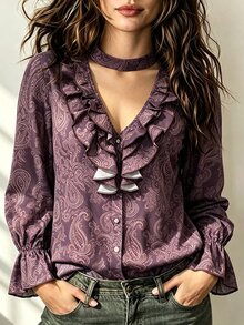 SHEIN Paisley Bohemian Elegant Commute & Date Long Sleeve Blouse For Women - Multicolor - View 3