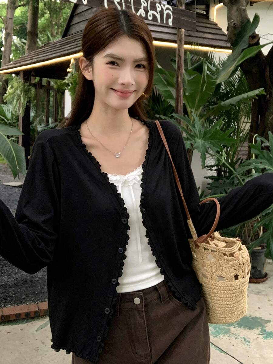 K-Vae 女款休閒極簡基本款百搭純色薄款開襟衫 辦公穿搭 黑色 秋季 - 黑色 - 查看 1