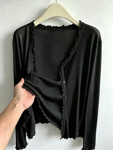 K-Vae 女款休閒極簡基本款百搭純色薄款開襟衫 辦公穿搭 黑色 秋季 - 黑色 - 查看 8