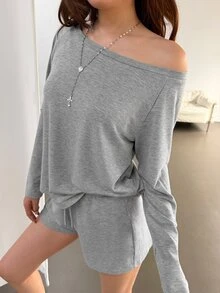 K-Vae Women's Light Grey Minimalist Sexy Style Cold Shoulder Sweatshirt Set, Loose Fit Flattering Asymmetrical Shoulder Casual 2 Pieces Outfit Lounge Autumn - Grey - View 5