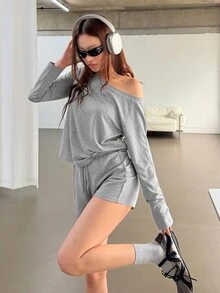 K-Vae Women's Light Grey Minimalist Sexy Style Cold Shoulder Sweatshirt Set, Loose Fit Flattering Asymmetrical Shoulder Casual 2 Pieces Outfit Lounge Autumn - Grey - View 3