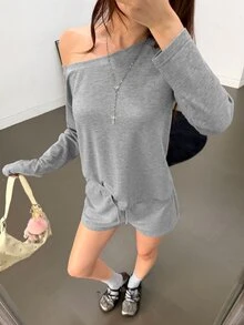 K-Vae Women's Light Grey Minimalist Sexy Style Cold Shoulder Sweatshirt Set, Loose Fit Flattering Asymmetrical Shoulder Casual 2 Pieces Outfit Lounge Autumn - Grey - View 4