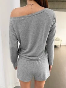 K-Vae Women's Light Grey Minimalist Sexy Style Cold Shoulder Sweatshirt Set, Loose Fit Flattering Asymmetrical Shoulder Casual 2 Pieces Outfit Lounge Autumn - Grey - View 2