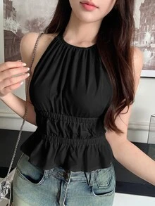K-Vae Women's Solid Color Pleated Casual Versatile Daily Wear Halter Neck Top - Black - View 8