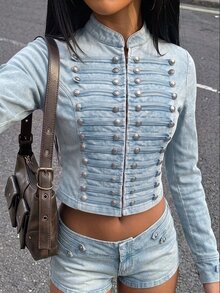 SHEIN ICON Women's Studded Decor Casual Versatile Daily Wear Long Sleeve Jacket - Blue - View 8