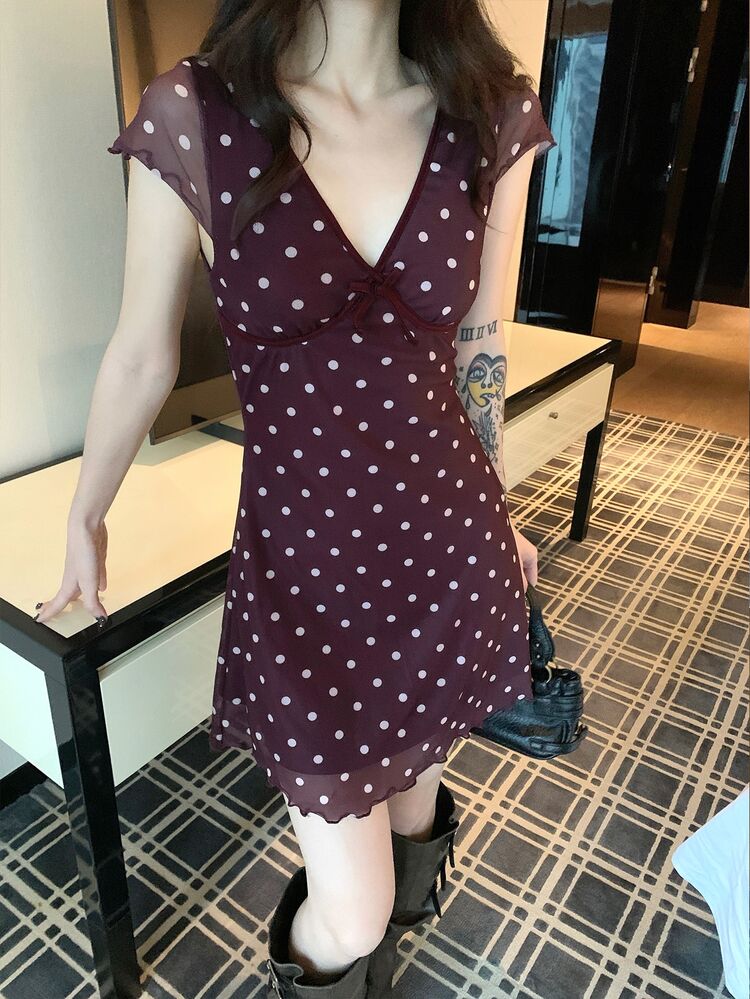 K-Vae 女款優雅休閒短袖性感V領網格圓點印花短洋裝，女款優雅戶外約會洋裝，夏季度假洋裝，音樂節洋裝，沙灘洋裝 - 咖啡 - 查看 5