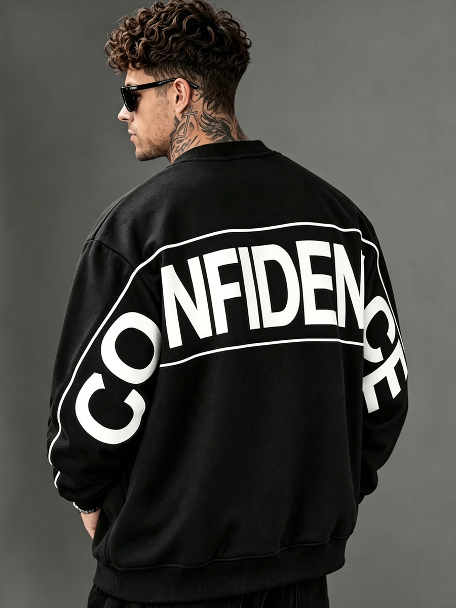 Manfinity Homme Men's Letter Stripe Print Colorblock Long Sleeve Pullover Sweatshirt - Black - View 1