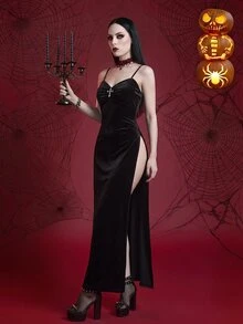 Glisette 女款純色側開衩下擺性感哥德風細肩帶洋裝，黑色，適合萬聖節、夜店、秋季 - 黑色 - 查看 4