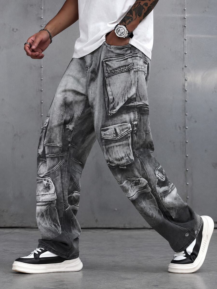 Manfinity EMRG Men's Washed Distressed Cargo Denim Jeans - Multicolor - View 1