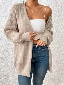SHEIN LUNE Open Front Drop Shoulder Duster Cardigan,Long Sleeve Tops Fall Winter Cloth For Women - Mocha Brown - View 3