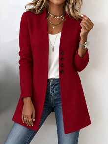 SHEIN Clasi 女款休閒商務休閒度假立領修身夾克外套，秋季布料，適合日常辦公，深紅色 - 紅色 - 查看 4