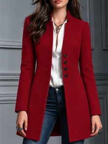 SHEIN Clasi 女款休閒商務休閒度假立領修身夾克外套，秋季布料，適合日常辦公，深紅色 - 紅色 - 查看 3