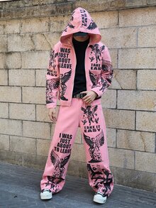 Manfinity EMRG Men's Vintage Sculpture Slogan Print Hoodie Jacket And Jeans Set - Pink - View 9