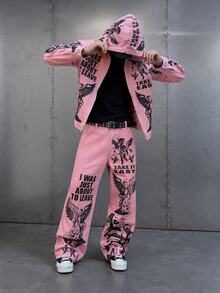 Manfinity EMRG Men's Vintage Sculpture Slogan Print Hoodie Jacket And Jeans Set - Pink - View 1